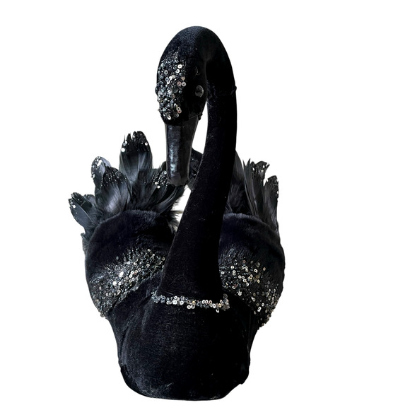 Bella Lux 14" Black Swan Figurine With Feathers & Sequins Chic Halloween Decor - Picture 8 of 16